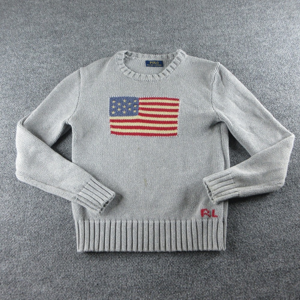 Polo Ralph Lauren Sweater Womens S Gray Flag USA Cotton Knit Crewneck Pullover